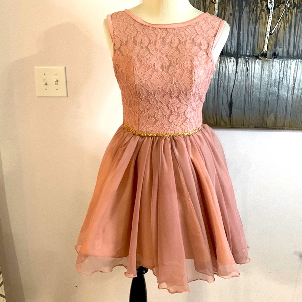 Custom made blush pink and gold short semi formal dress